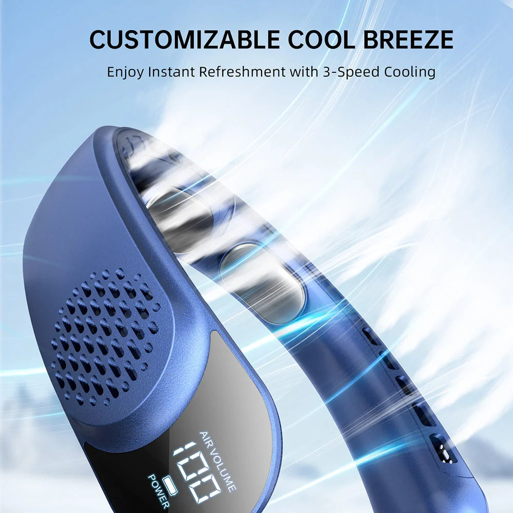 Angled view of rechargeable neck fan showing airflow vents and ergonomic structure