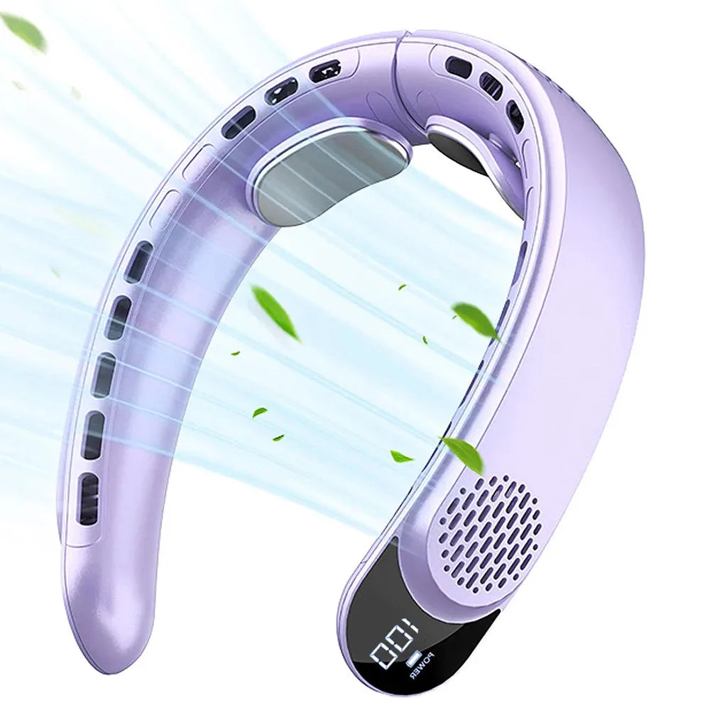 Close-up view of bladeless neck fan showing ergonomic U-shaped structure and ventilation ports