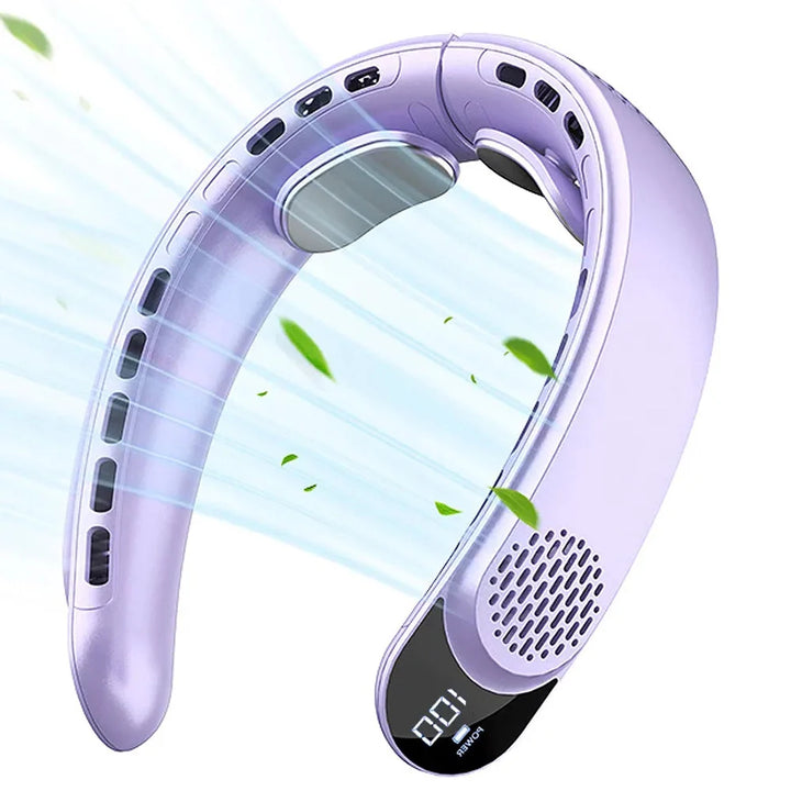 Close-up view of bladeless neck fan showing ergonomic U-shaped structure and ventilation ports
