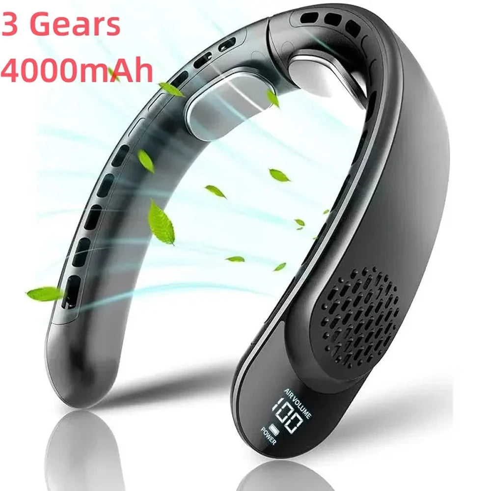 Side angle of hands-free neck fan displaying curved airflow channels and control panel