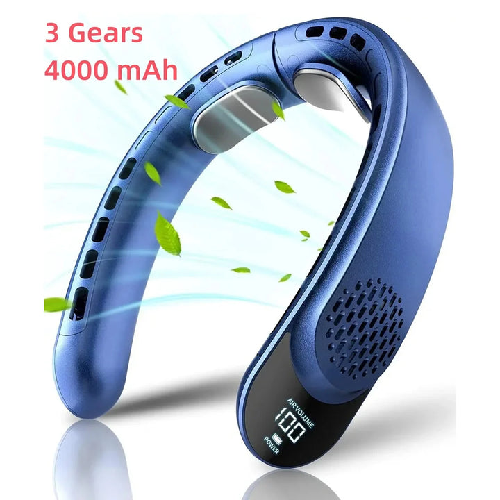 Detail shot of neck fan digital display showing battery level and airflow settings