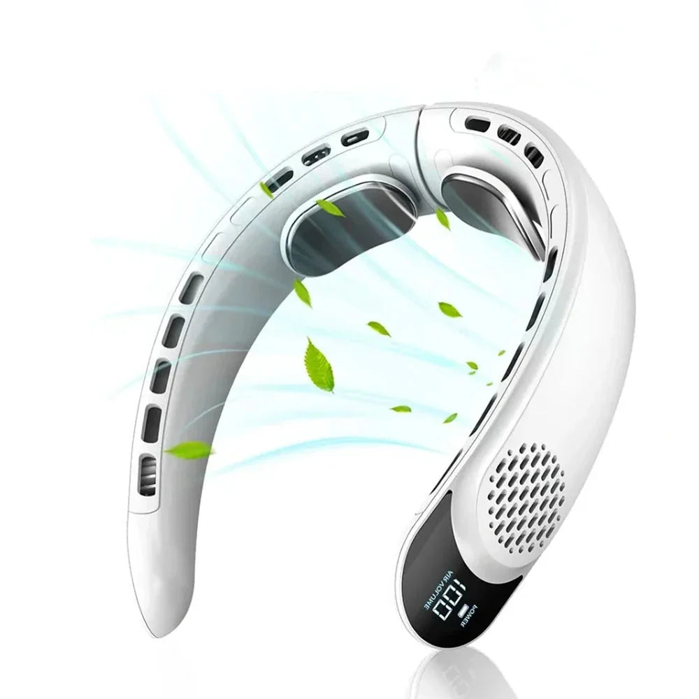 Overhead view of wearable neck fan highlighting symmetrical cooling vents and bladeless design