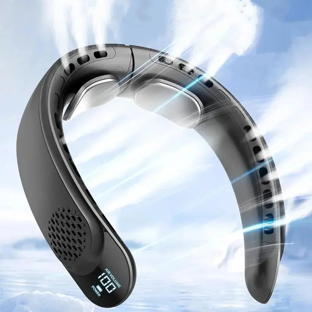 Men's portable neck fan with rechargeable battery and quad-core turbine system