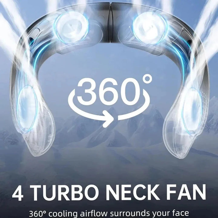 Front view of bladeless cooling fan showing ergonomic fit and 360° airflow coverage