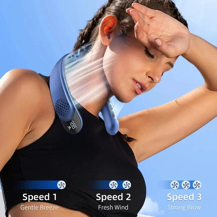Side profile of hands-free neck fan with ventilation grilles and smooth finish