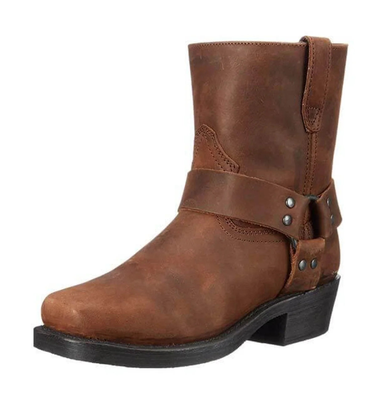 Men's harness ankle boots in brown with wraparound strap and metal stud detailing on chunky sole