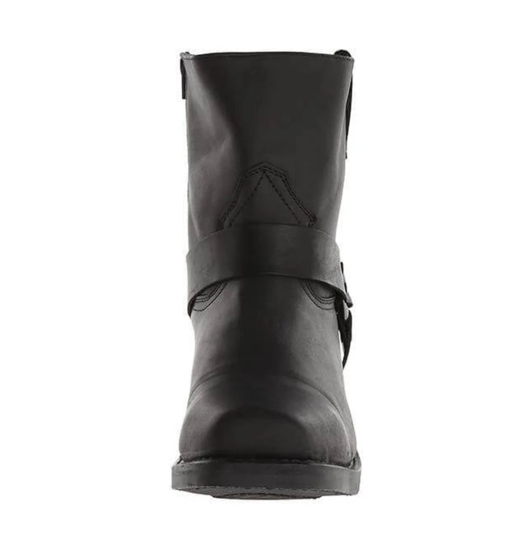 Side profile of men's harness ankle boots showing mid-calf height and block heel