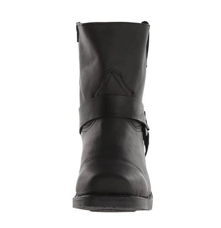 Side profile of men's harness ankle boots showing mid-calf height and block heel
