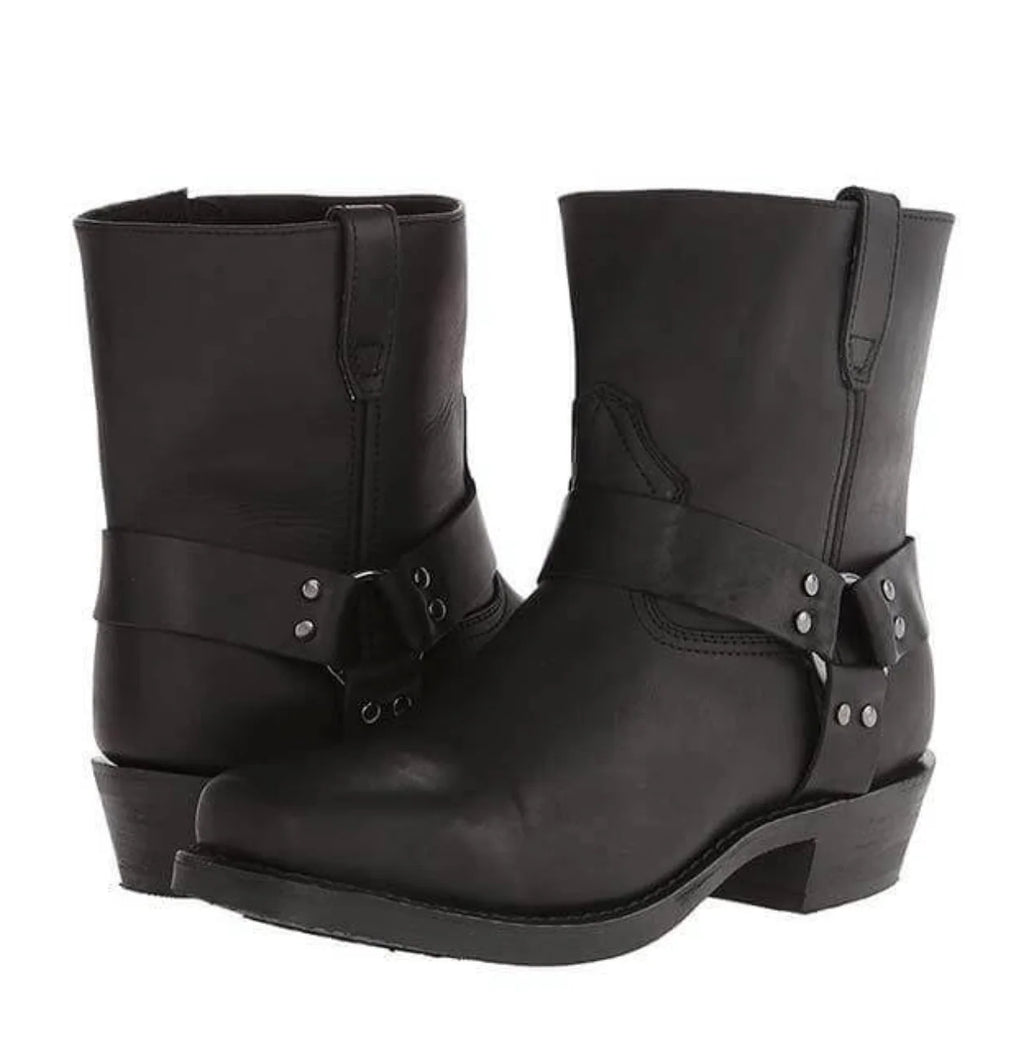 Men's harness ankle boots with metal stud detailing and side zip visible