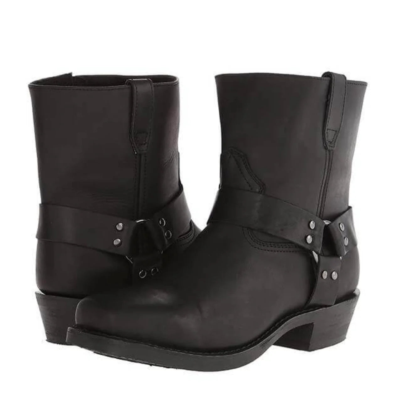 Men's harness ankle boots with metal stud detailing and side zip visible