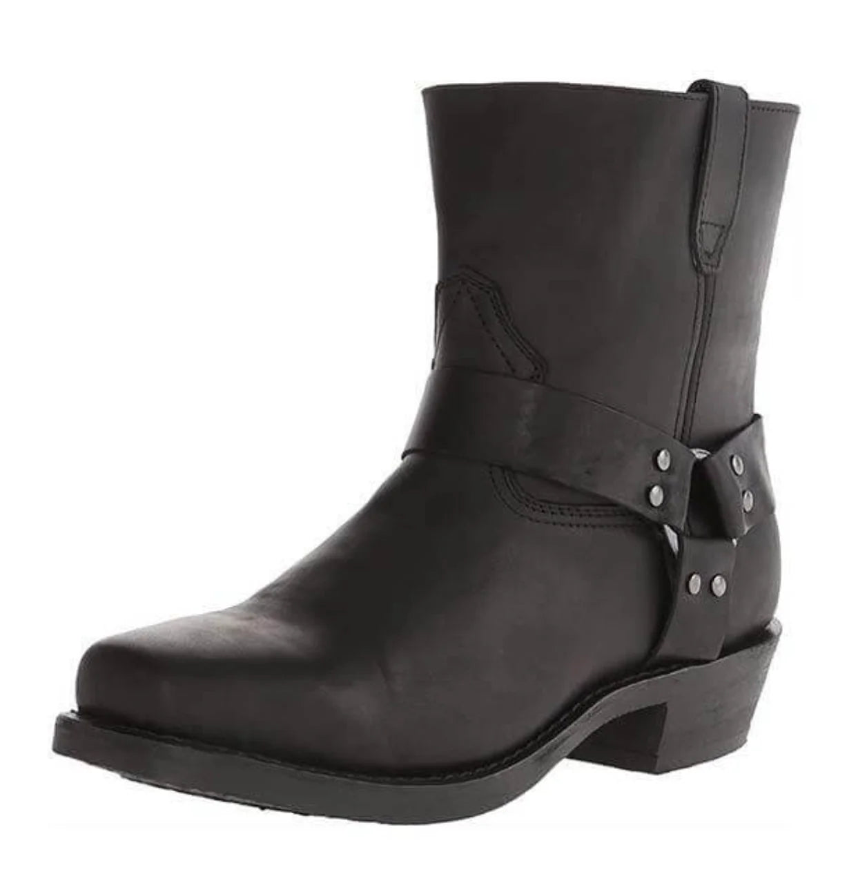 Side view of men's harness ankle boots showing block heel and side zip closure