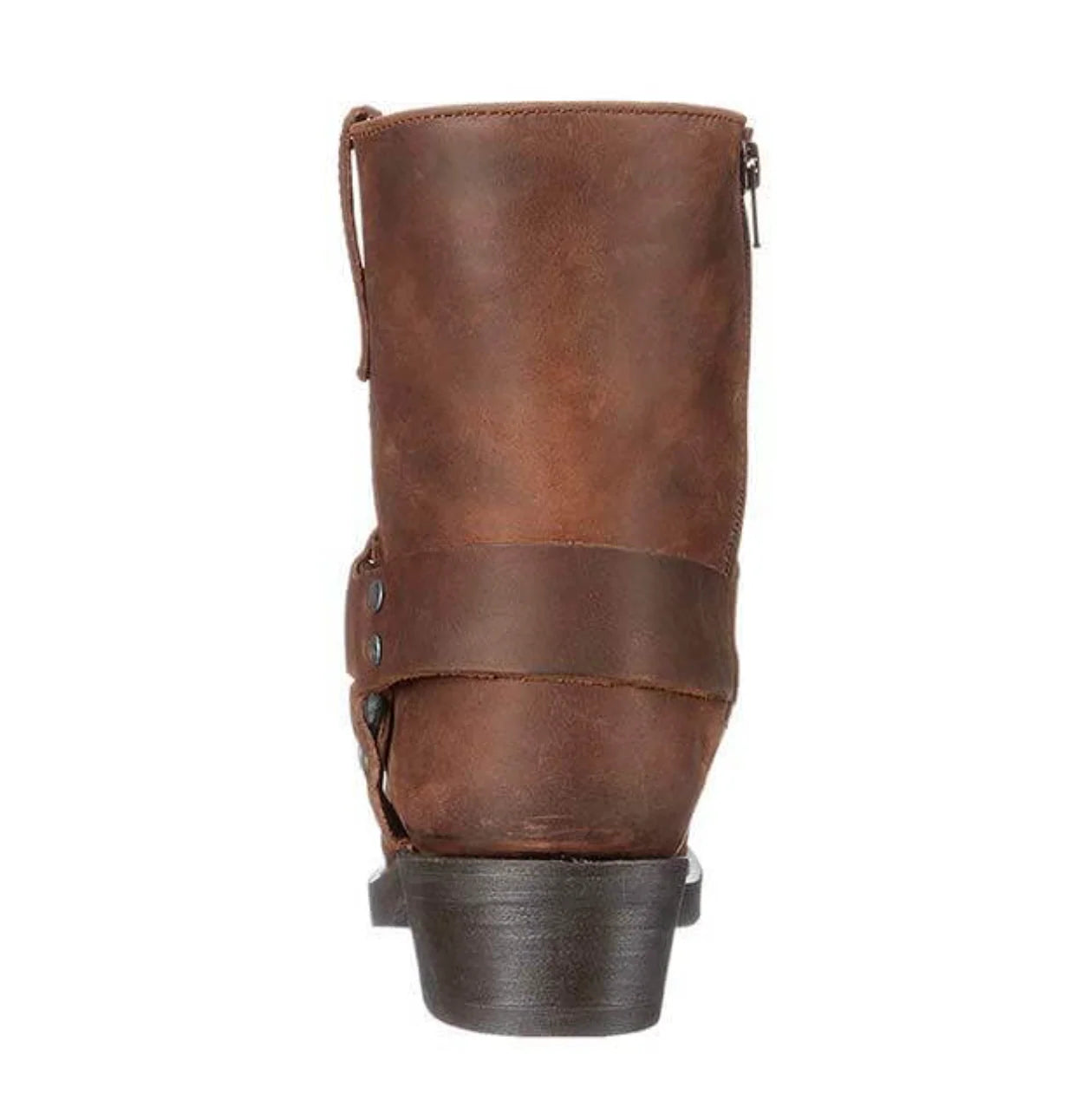 Rear view of men's harness ankle boots displaying structured shaft and heel counter