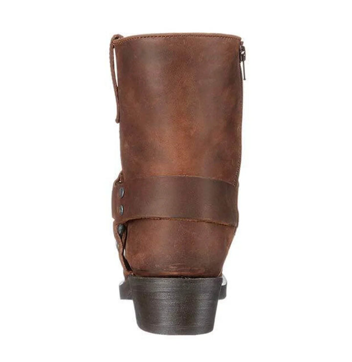 Rear view of men's harness ankle boots displaying structured shaft and heel counter