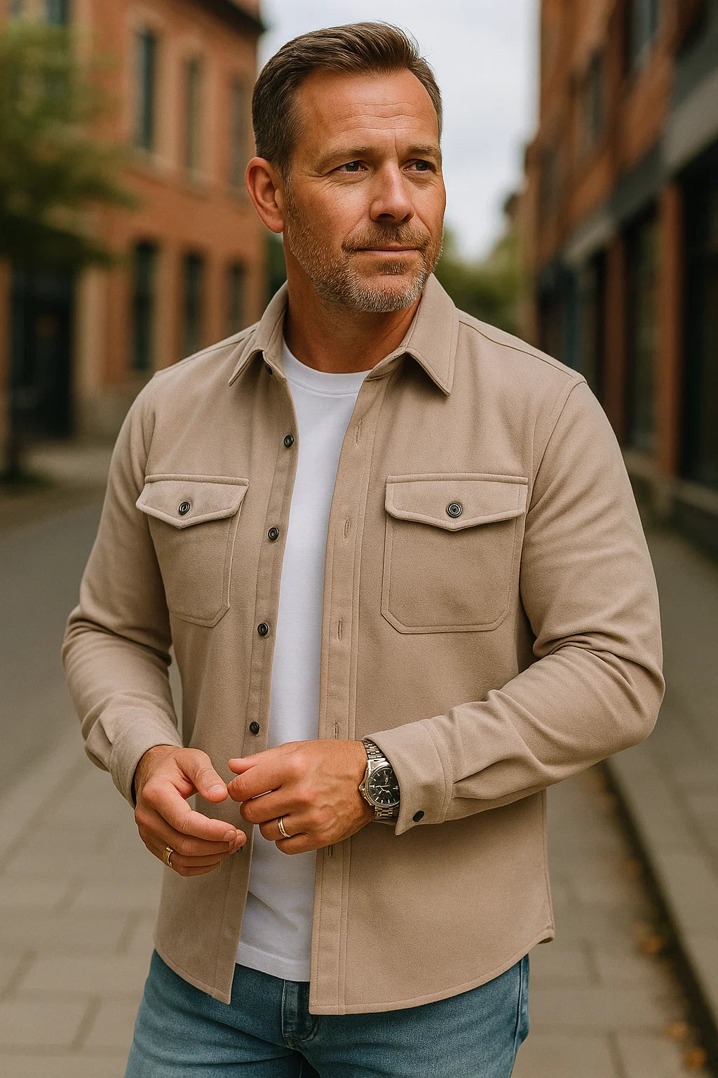 Close-up view of men's overshirt jacket showing button-front closure and flap pocket detailing