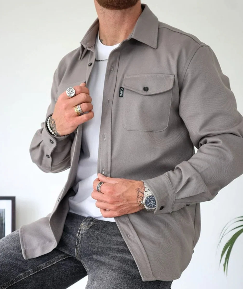 Full-length view of men's collared overshirt jacket with hip-length hem and button cuffs