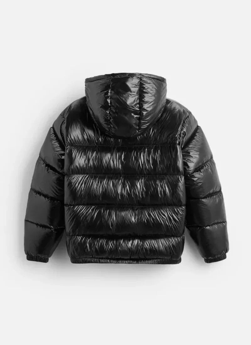 Close-up of men's puffer jacket hood and high neckline for added coverage