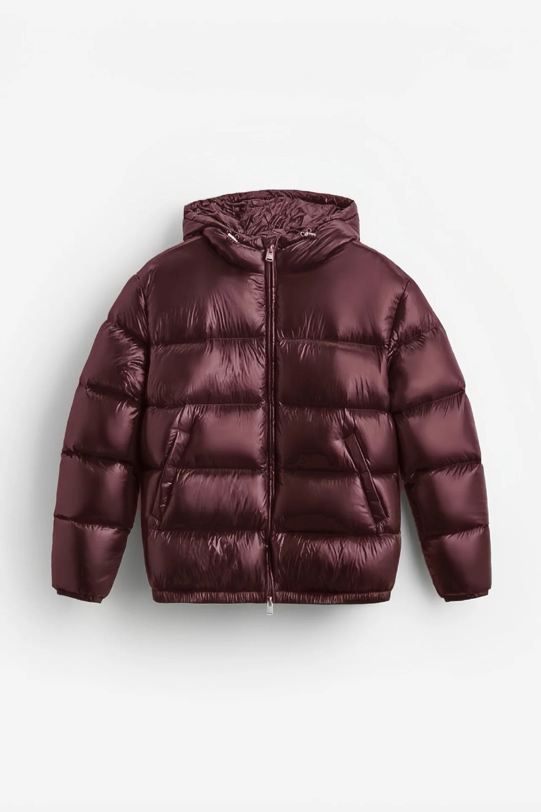 Detail shot of men's puffer jacket zip-front closure and smooth outer shell fabric