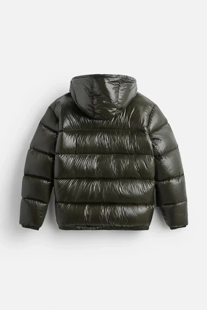 Overhead view of men's hooded puffer jacket with horizontal quilted channels