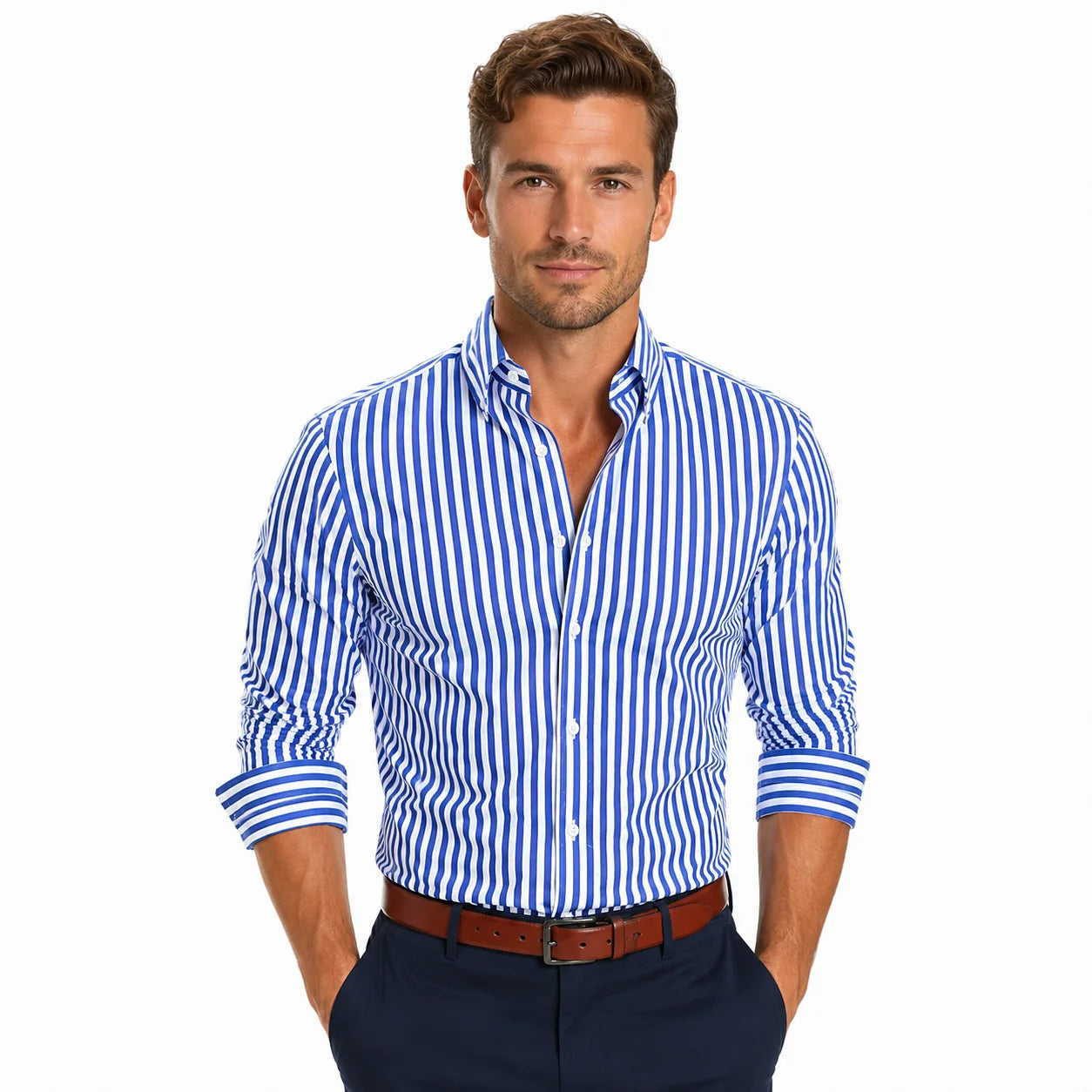 Men's striped slim-fit shirt with vertical blue and white stripes and button-down collar