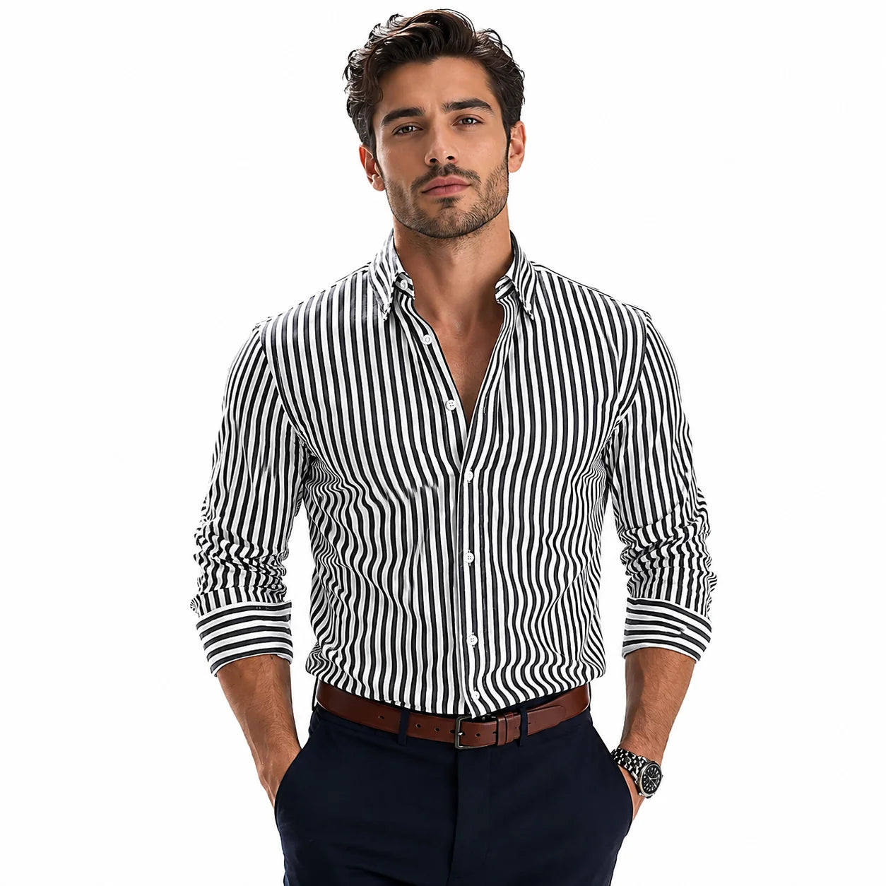 Close-up view of men's striped shirt showing button-front closure and collar detail