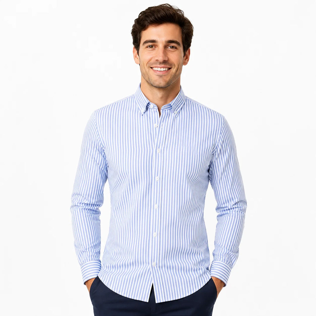 Side view of men's slim-fit striped shirt showing tailored cut and long sleeves