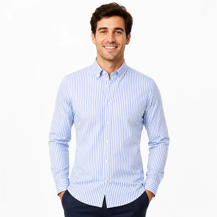 Side view of men's slim-fit striped shirt showing tailored cut and long sleeves