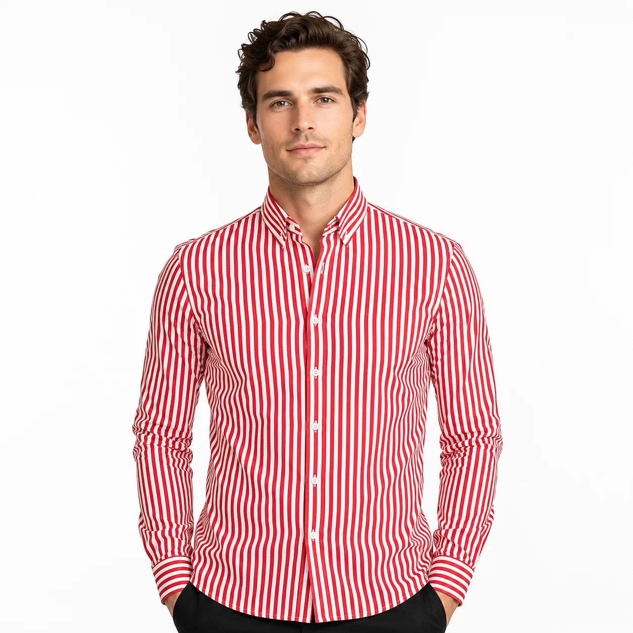 Men's striped shirt styled with navy trousers and brown leather belt for smart-casual look