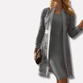 Women's grey lace two-piece dress set with geometric overlay coat and matching shift dress for semi-formal occasions