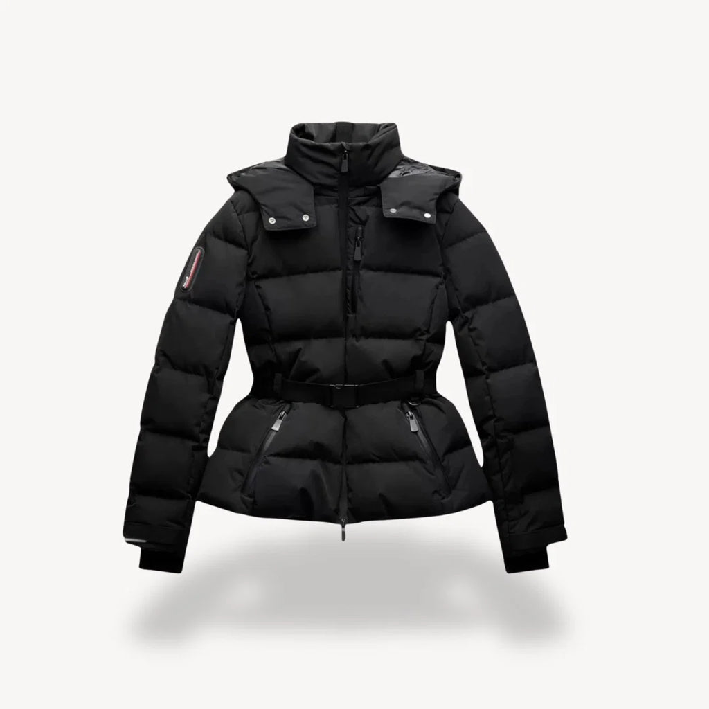 Women's belted puffer jacket in black with quilted construction and funnel neck collar