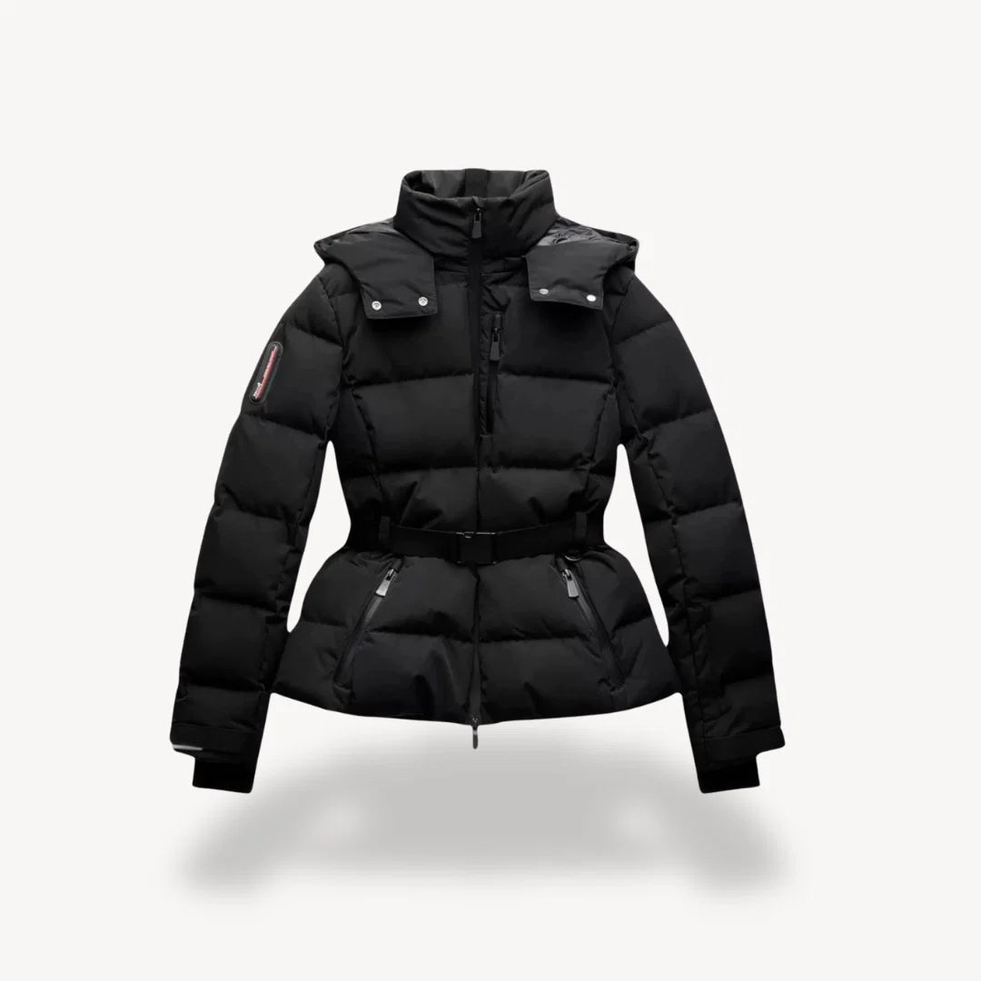 Women's belted puffer jacket in black with quilted construction and funnel neck collar