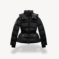 Women's belted puffer jacket in black with quilted construction and funnel neck collar