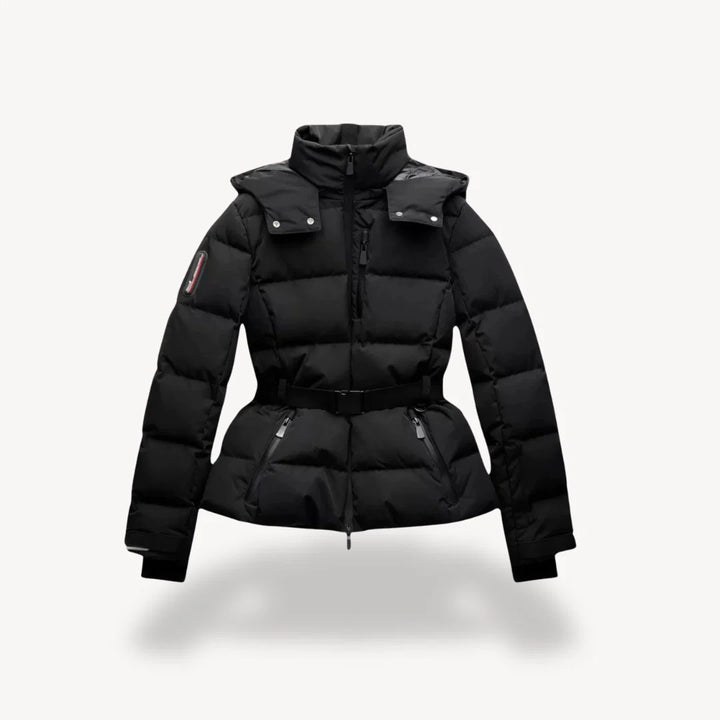 Women's belted puffer jacket in black with quilted construction and funnel neck collar