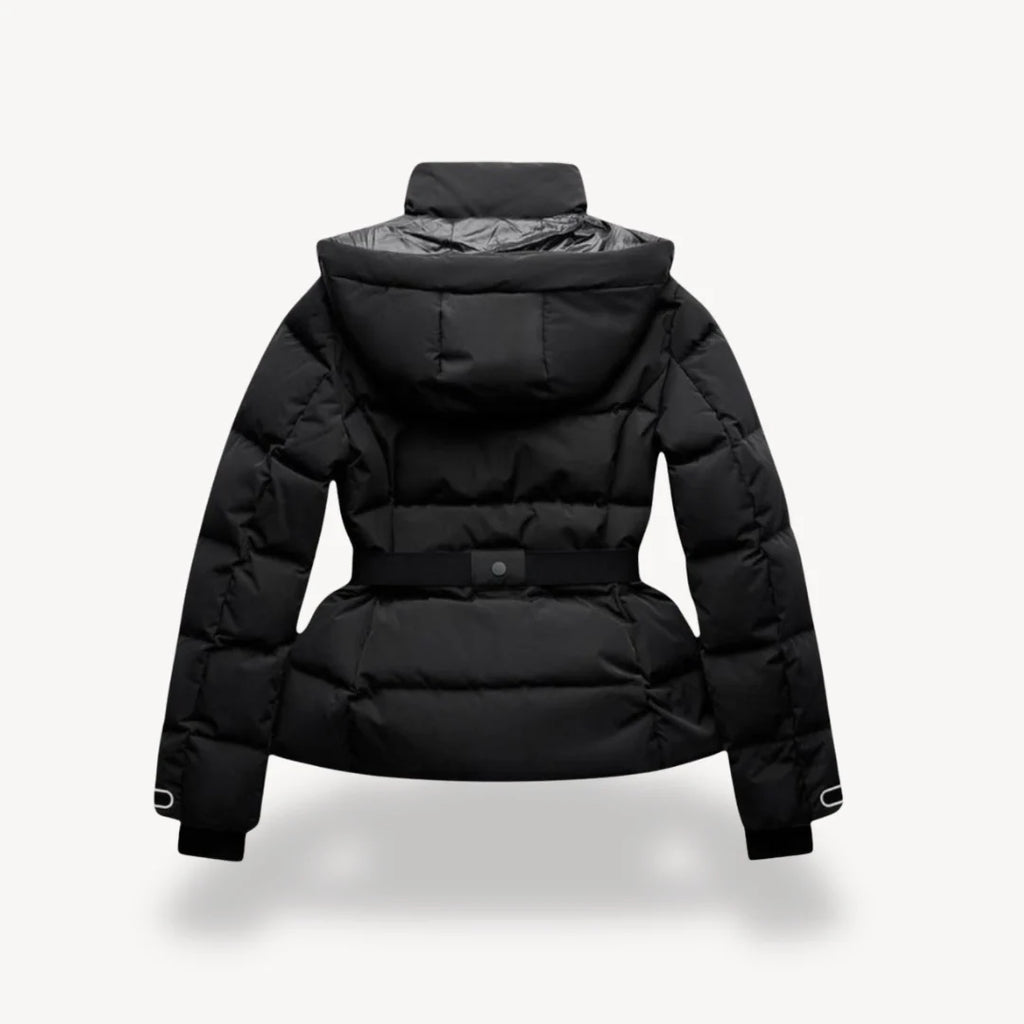 Front view of belted puffer jacket showing zip-fastening front and adjustable waist belt