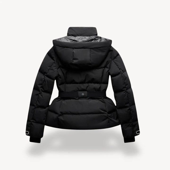 Front view of belted puffer jacket showing zip-fastening front and adjustable waist belt