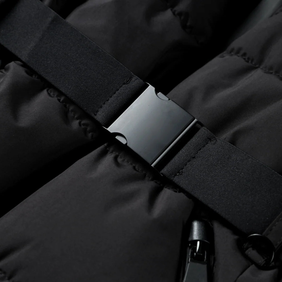 Side view of women's puffer jacket highlighting cinched waist and flattering silhouette