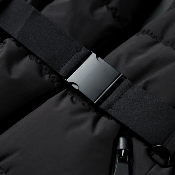 Side view of women's puffer jacket highlighting cinched waist and flattering silhouette