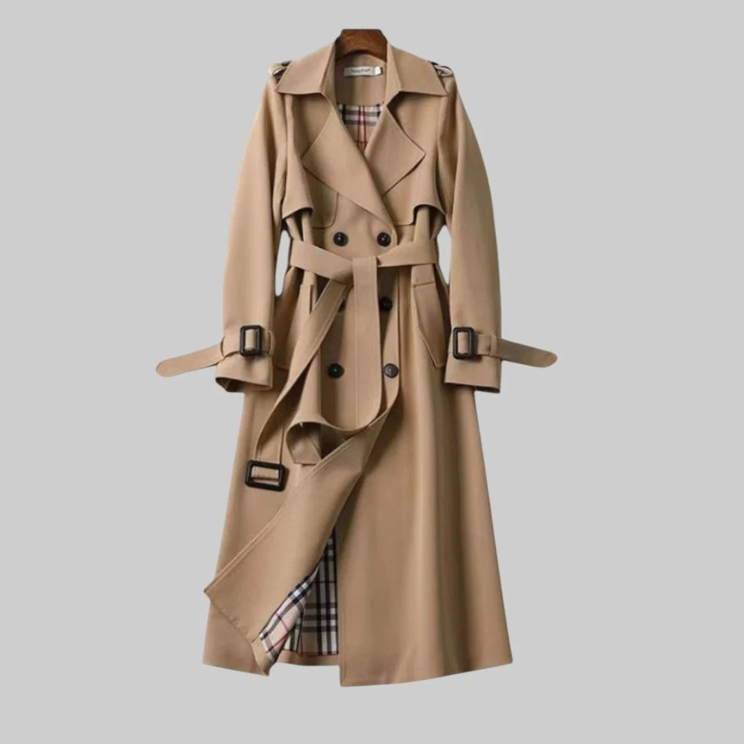 Women's belted trench coat in beige with double-breasted front and longline silhouette