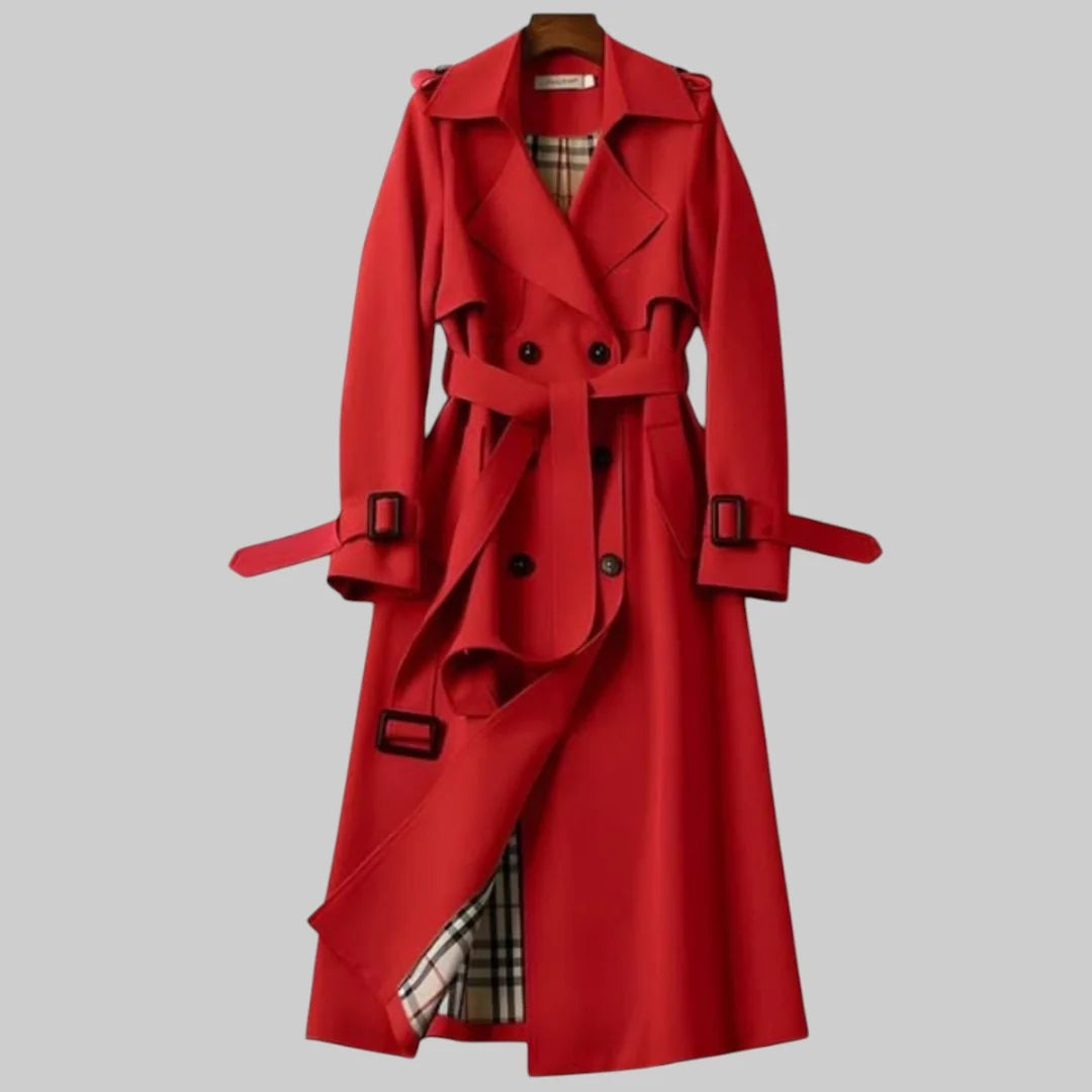 Classic women's trench coat with adjustable waist belt and buckled cuff straps