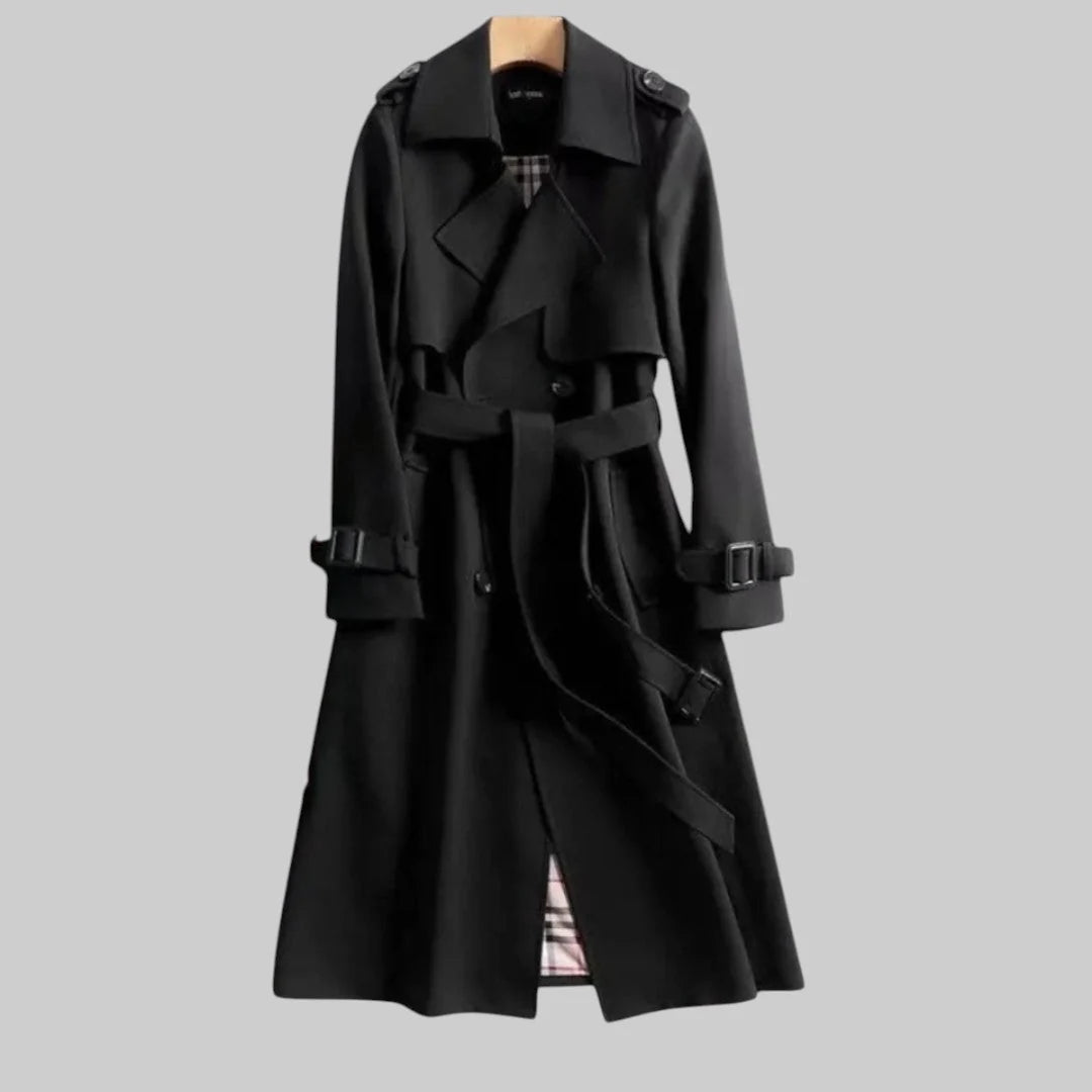 Women's double-breasted trench coat with notch lapels and structured tailored fit