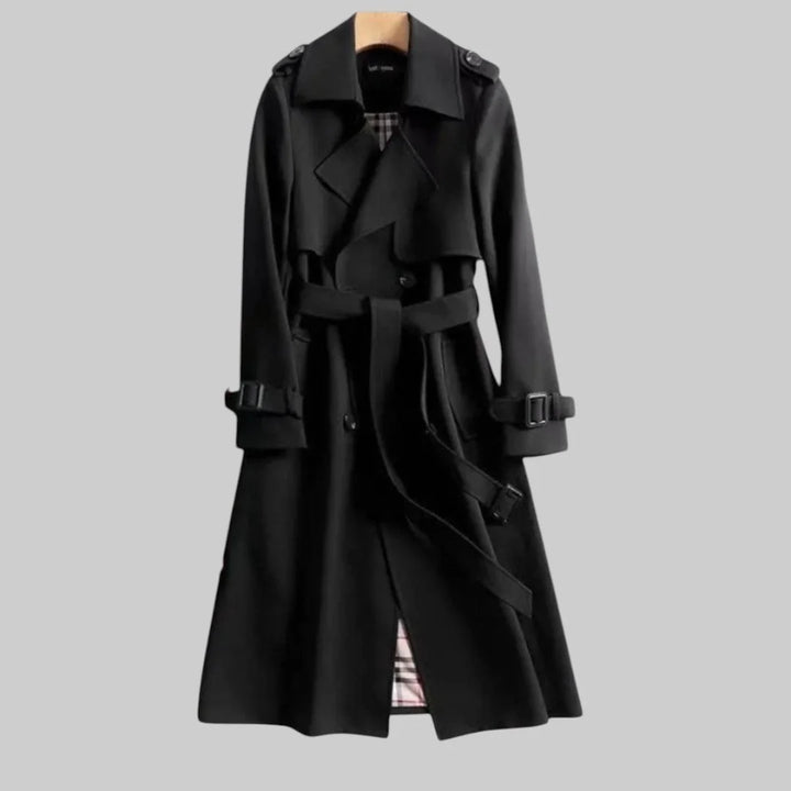 Women's double-breasted trench coat with notch lapels and structured tailored fit
