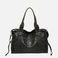 Women's structured shoulder bag with vertical braided trim and gathered side ties in textured finish