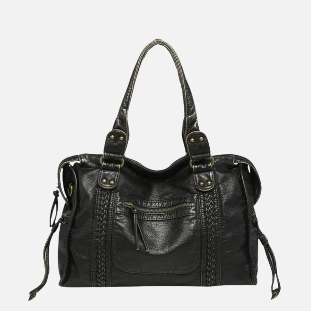 Women's structured shoulder bag with vertical braided trim and gathered side ties in textured finish