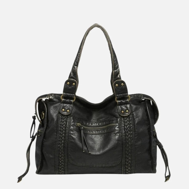 Women's structured shoulder bag with vertical braided trim and gathered side ties in textured finish