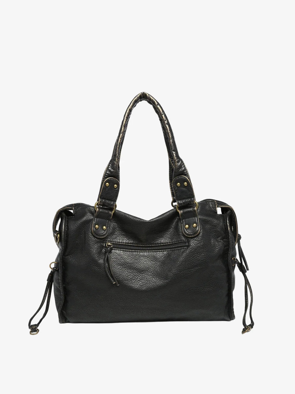 Close-up of braided trim detail and antique-tone hardware on women's shoulder bag