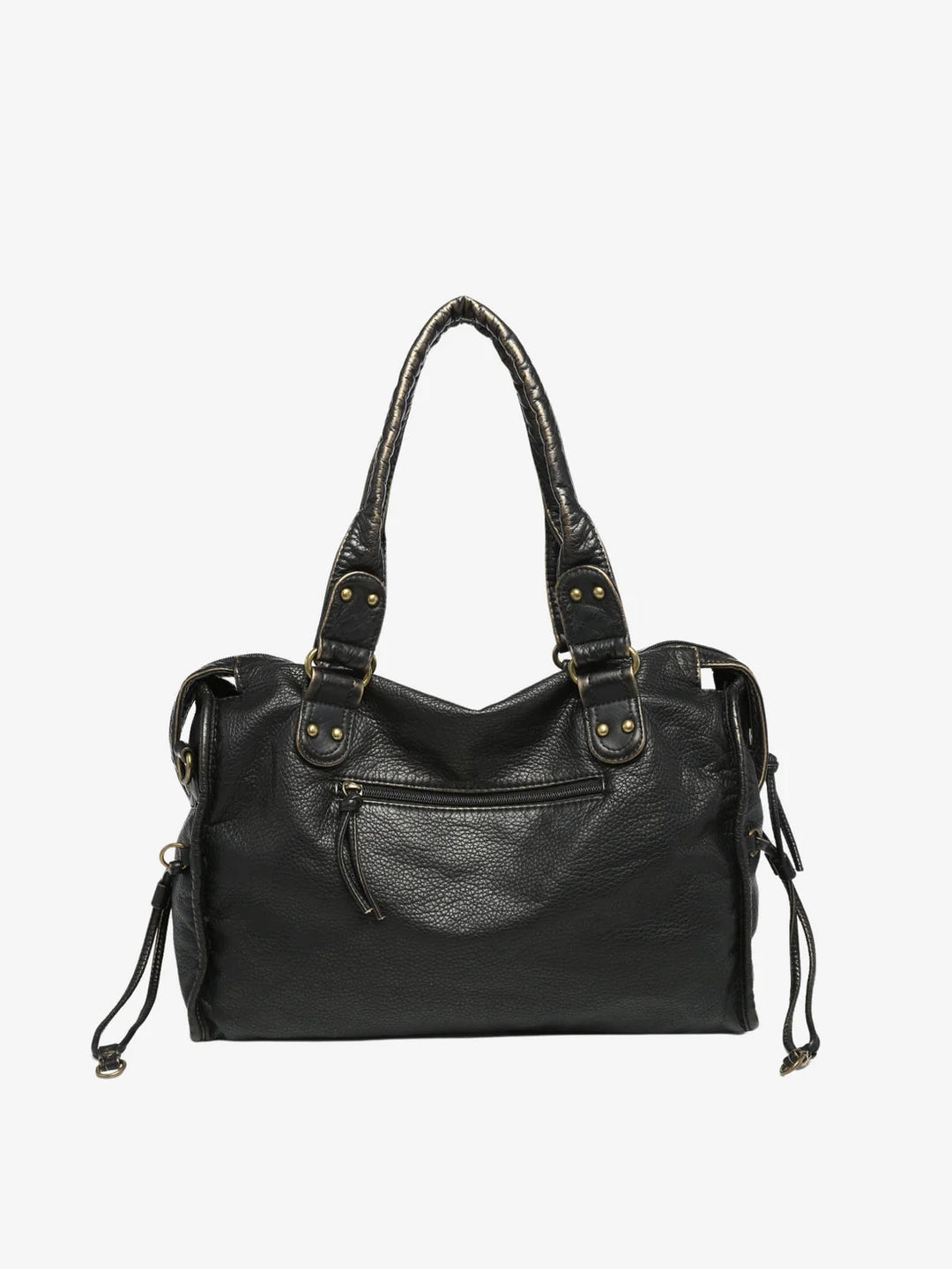 Close-up of braided trim detail and antique-tone hardware on women's shoulder bag