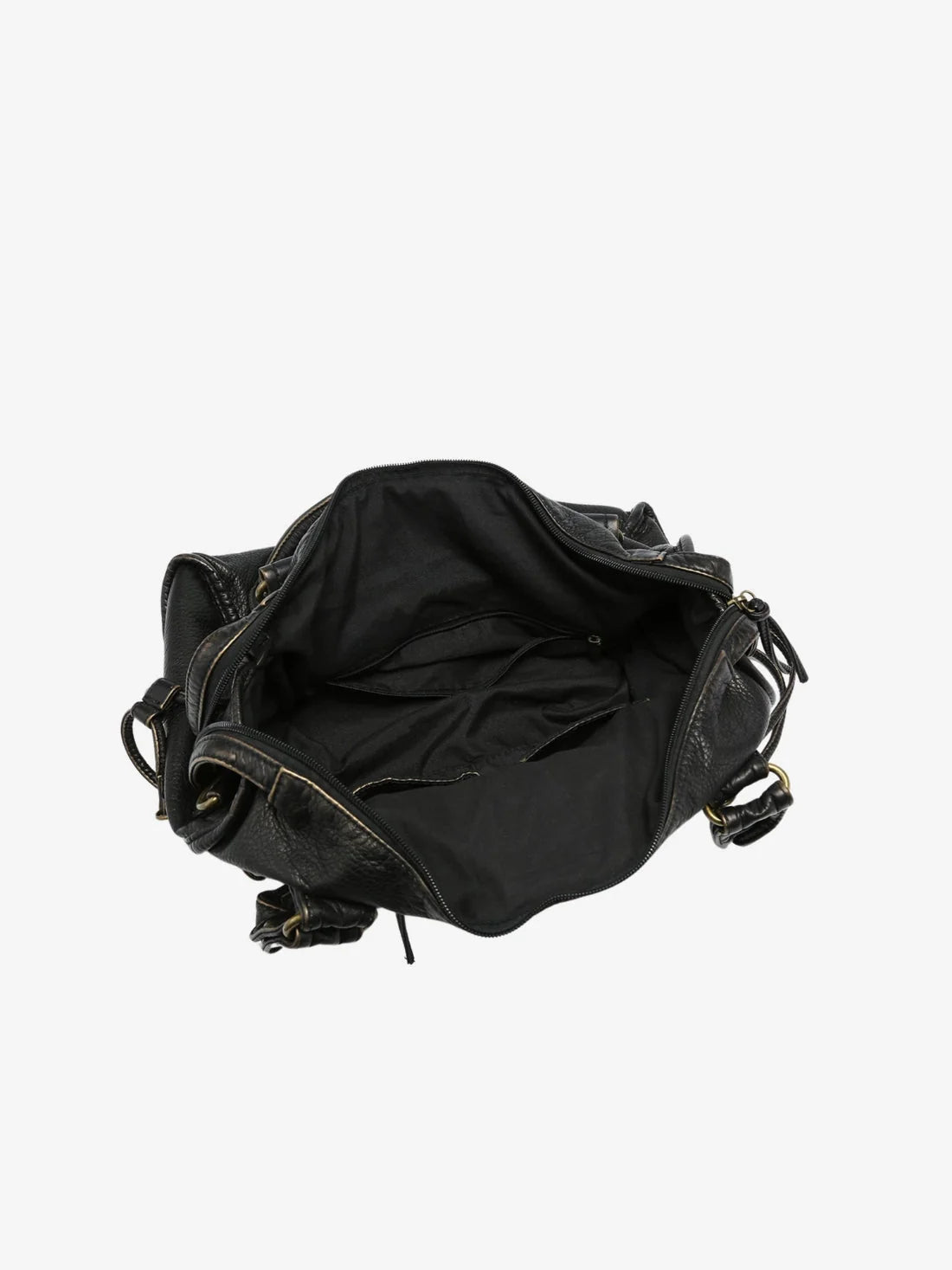 Front zip pocket and dual top handles on women's vintage-inspired shoulder bag