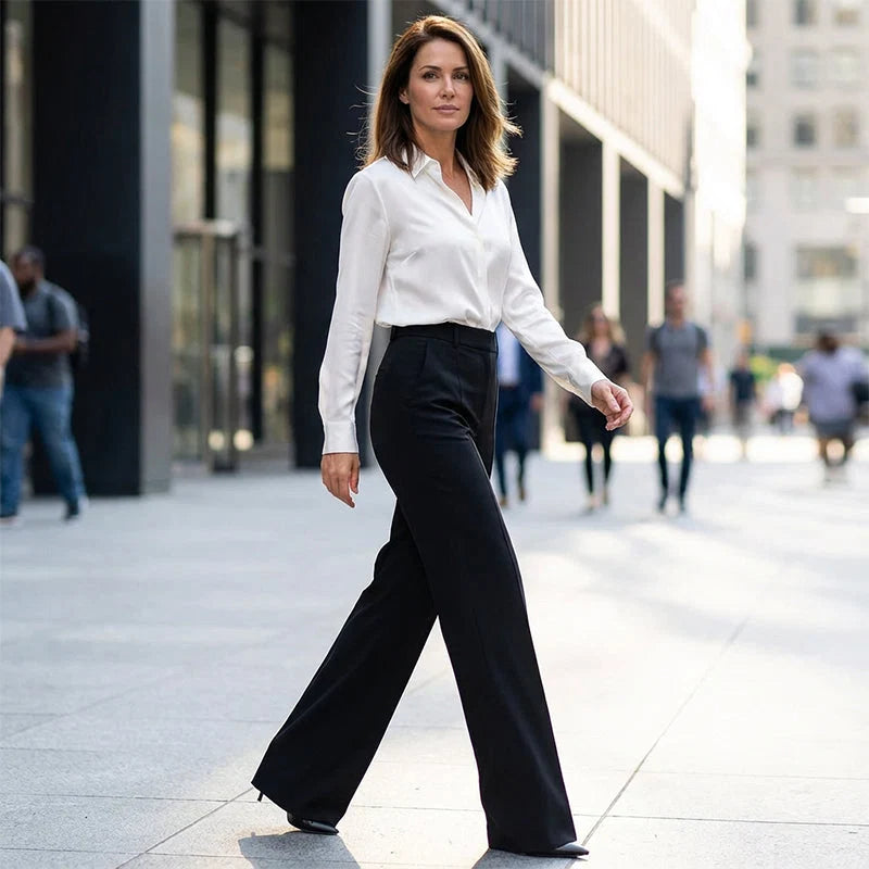 Women's high waist trousers in office setting paired with blouse and heels