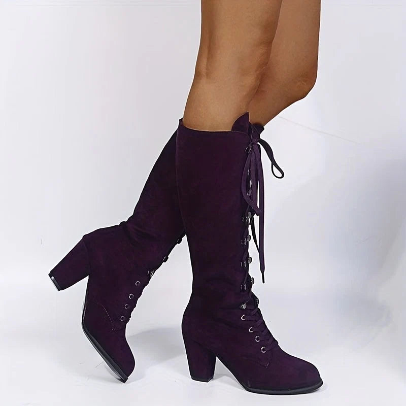 Women's knee-high lace-up boots in deep purple with block heel and suede-effect finish