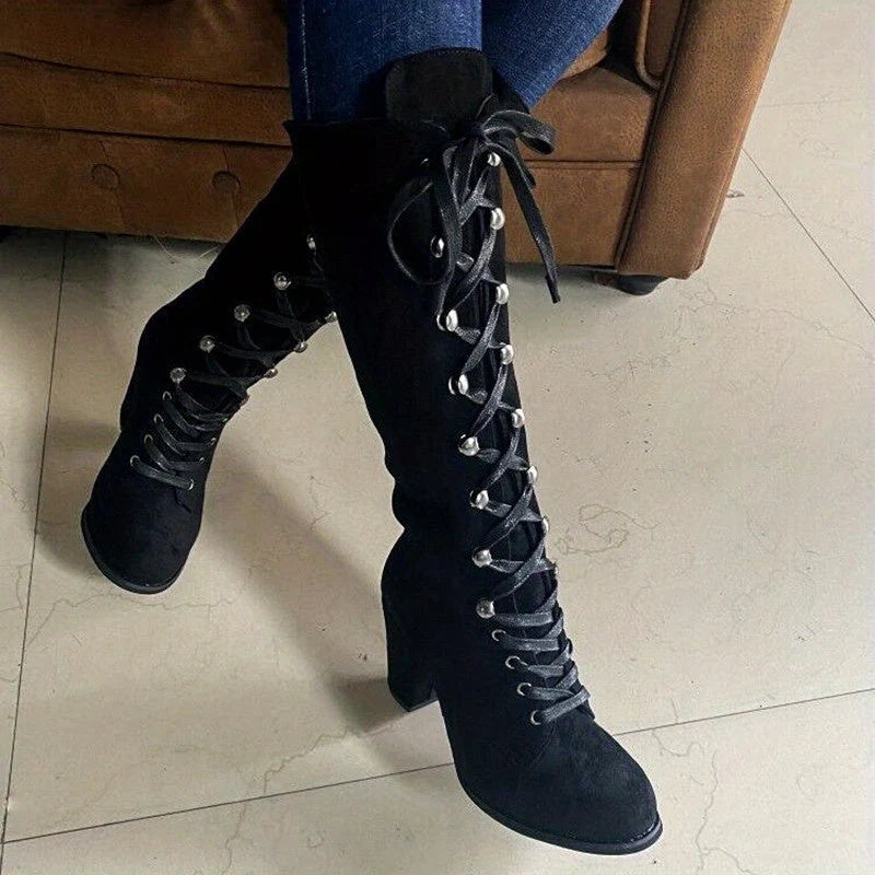 Women's knee-high boots in various colours showing lace-up detail and block heel design