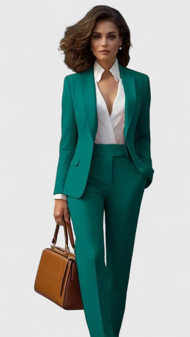 Side view of women's tailored suit set displaying structured blazer silhouette and straight-leg trousers